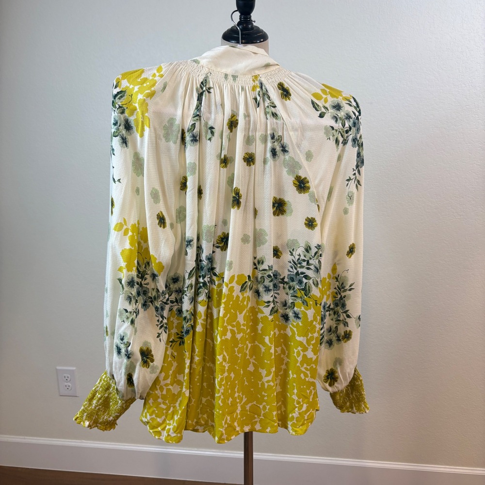 Anthropologie Blouse Womens L Yellow Tie Neck Floral Smocked Cuffs Boho Whimsy - Picture 6 of 8